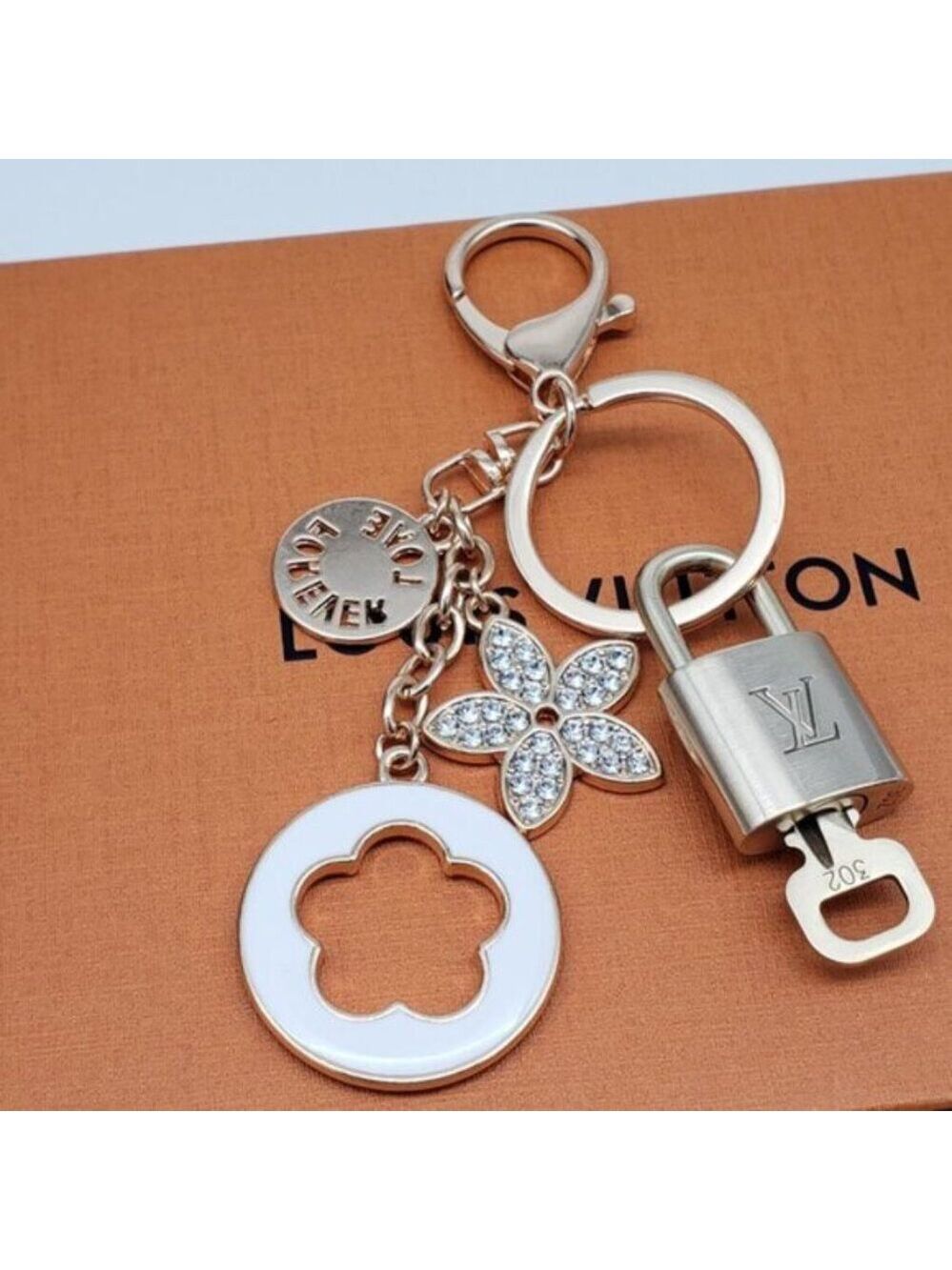 Authentic Louis Vuitton Gold Lock & Box w/ Unbranded Flower Bagcharm 121825 - Picture 9 of 10
